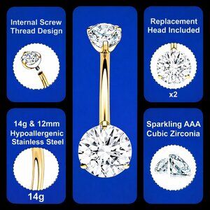 14g Gold-Tone Stainless Belly Button Ring Internal Thread CZ w/ Extra Head 12mm